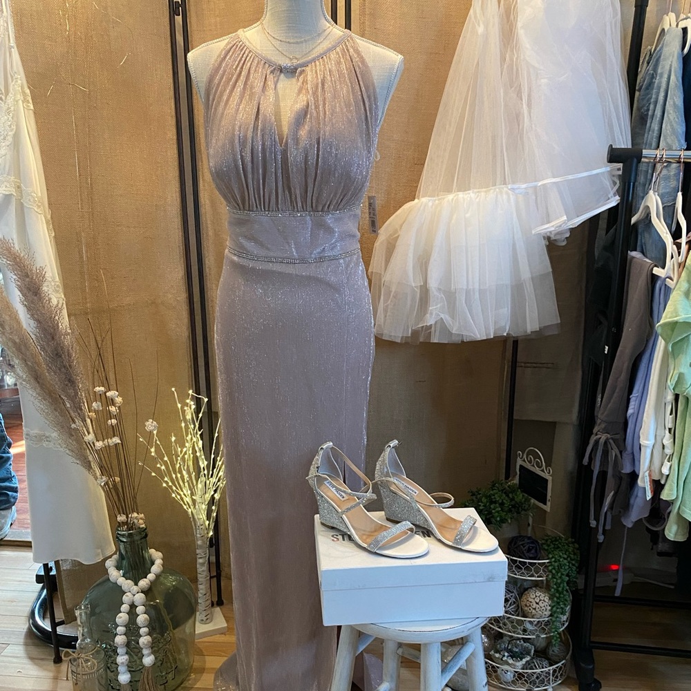 High-Neck Glitter A-Line formal Gown with Keyholes true rose gold color